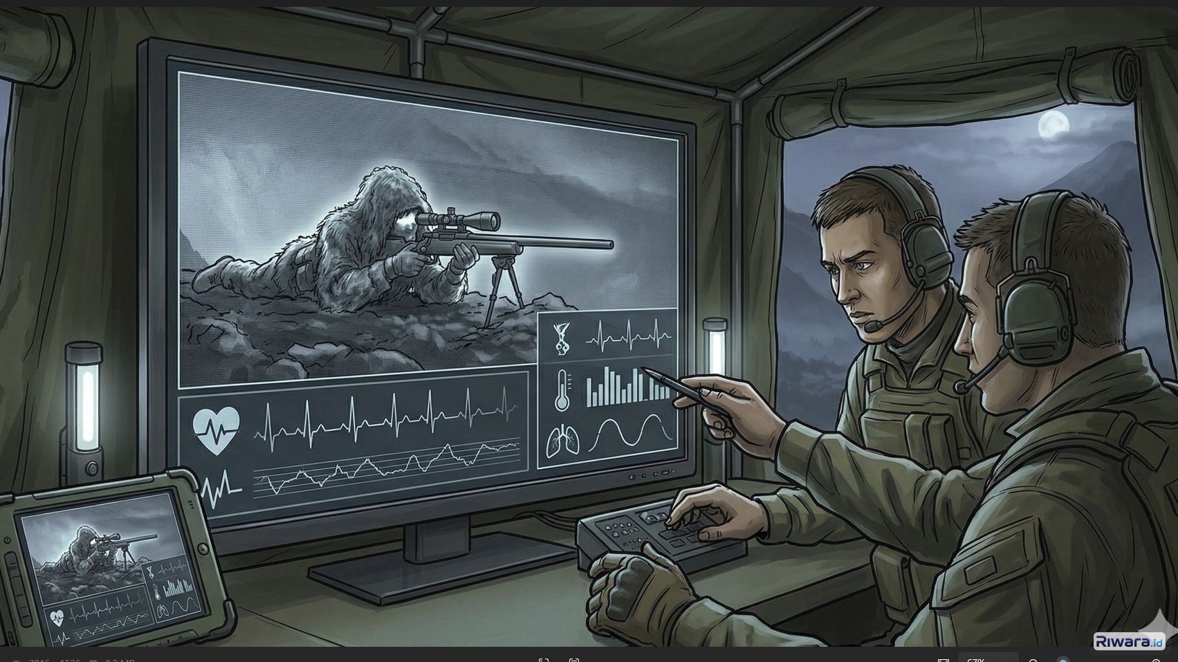 Ilustrasi pusat komando lapangan memantau tanda vital prajurit di lapangan, dibuat dengan bantuan Gemini AI